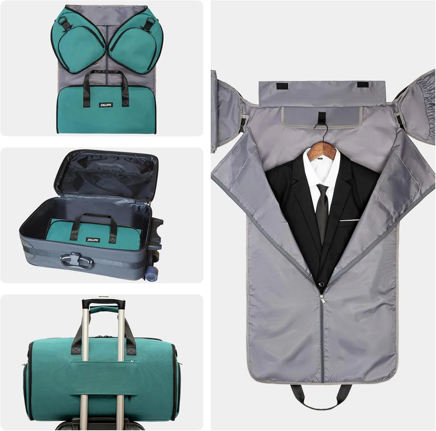 Convertible Garment Duffel Bag with Shoe Compartment,ZALUPRI Carry on Garment Bag for Men Women 2 in 1 Hanging Suitcase Suit Weekend Travel Bag, Green