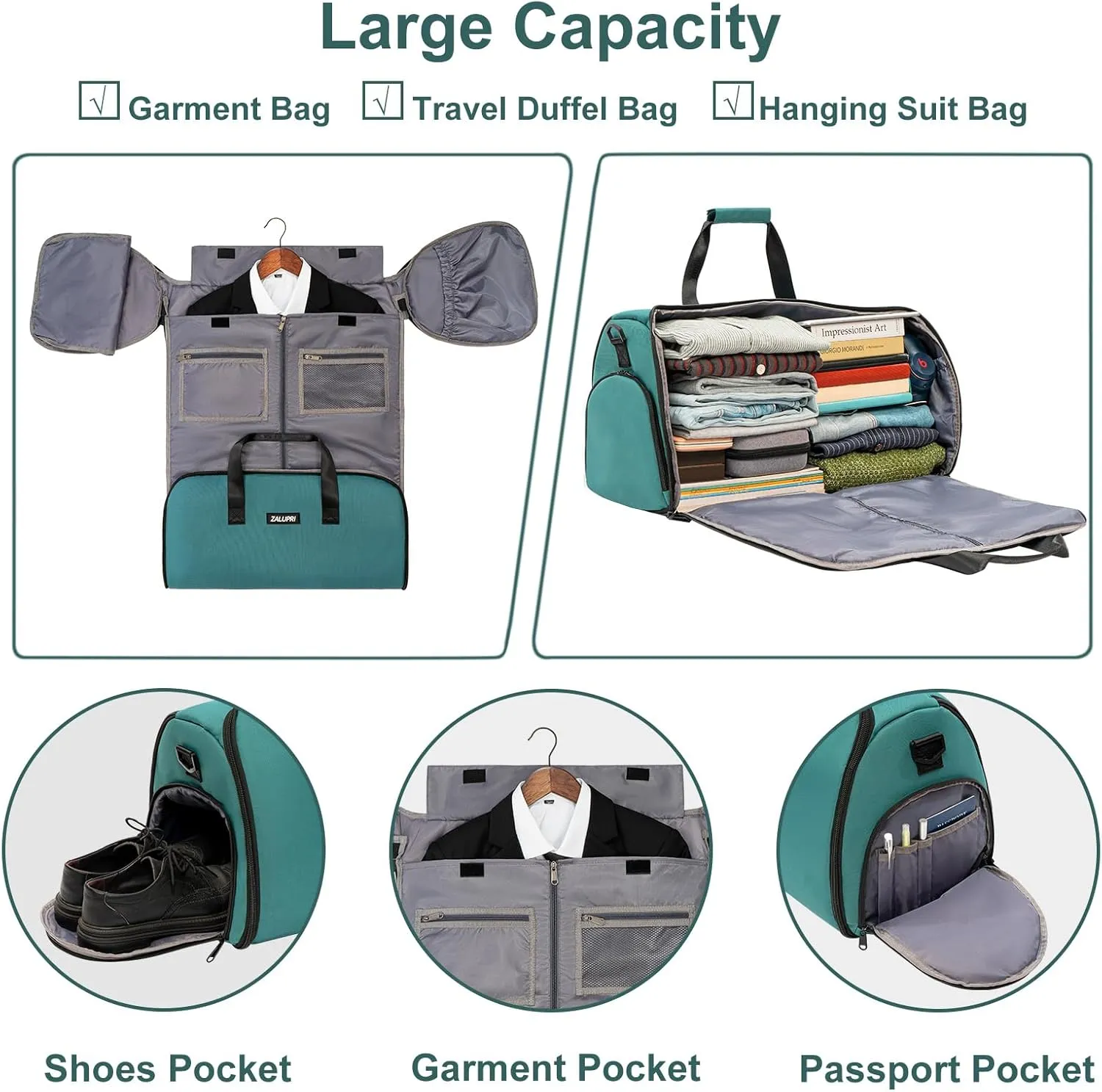 Convertible Garment Duffel Bag with Shoe Compartment,ZALUPRI Carry on Garment Bag for Men Women 2 in 1 Hanging Suitcase Suit Weekend Travel Bag, Green