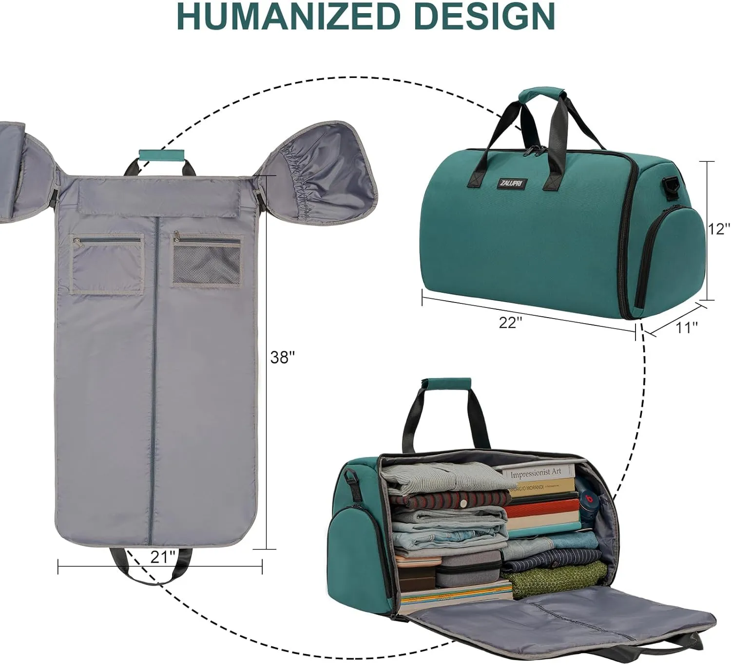 Convertible Garment Duffel Bag with Shoe Compartment,ZALUPRI Carry on Garment Bag for Men Women 2 in 1 Hanging Suitcase Suit Weekend Travel Bag, Green
