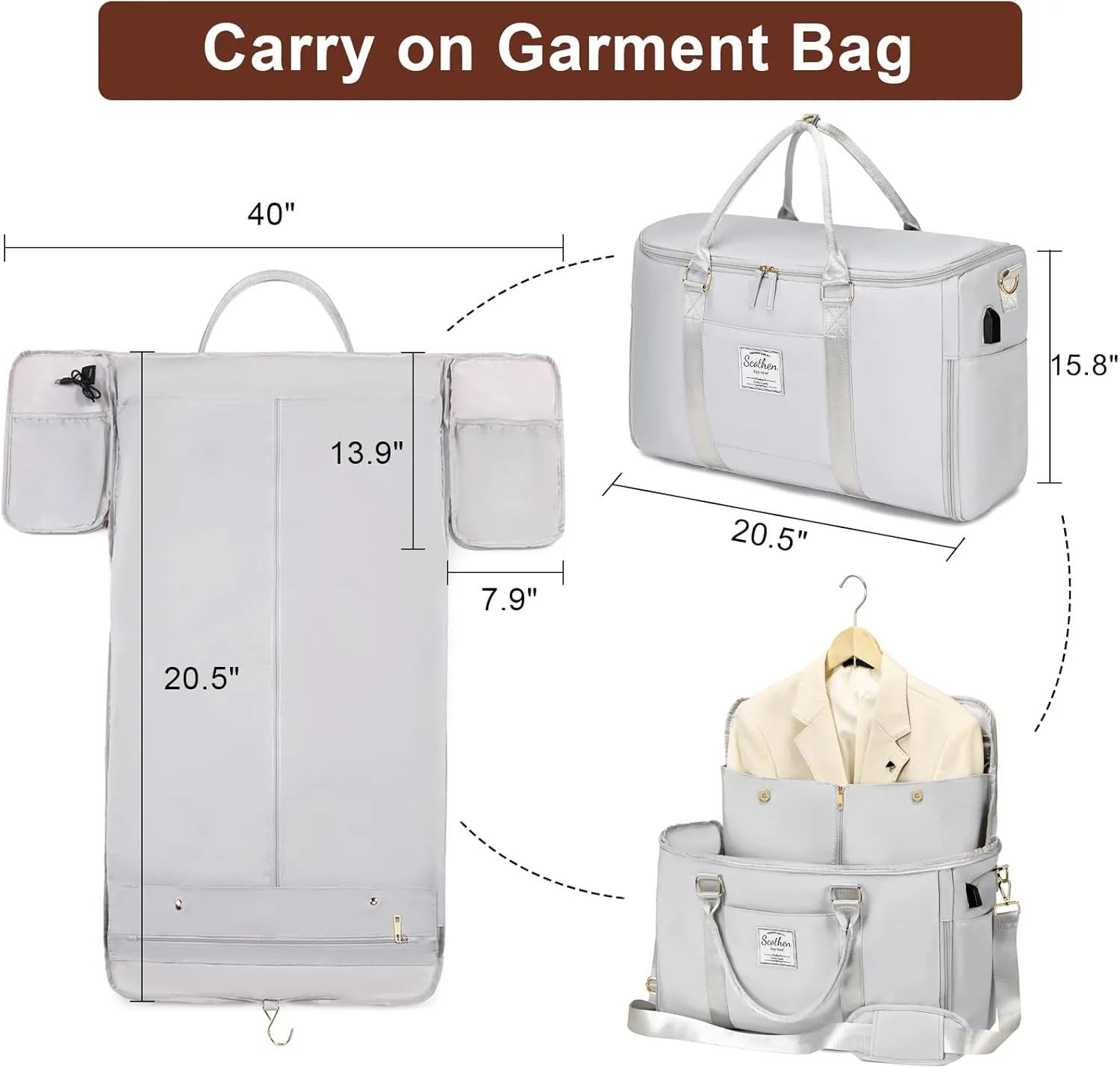 Convertible Travel Garment Bag, Carry On Garment Duffle Bag with Toiletry and Shoe bag, Garment Bags for Travel, 2 in 1 Hanging Dress Suitcase Suit Travel Bags for Women with USB Charging Port