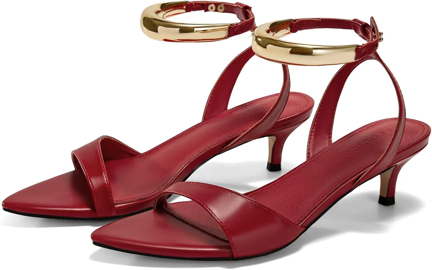 Coutgo Womens Low Kitten Heels Sandals Strappy Pointed Open Toe One Strap Metal Summer Dress Shoes