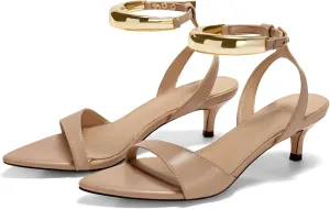 Coutgo Womens Low Kitten Heels Sandals Strappy Pointed Open Toe One Strap Metal Summer Dress Shoes