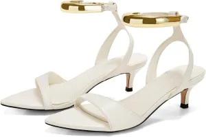 Coutgo Womens Low Kitten Heels Sandals Strappy Pointed Open Toe One Strap Metal Summer Dress Shoes