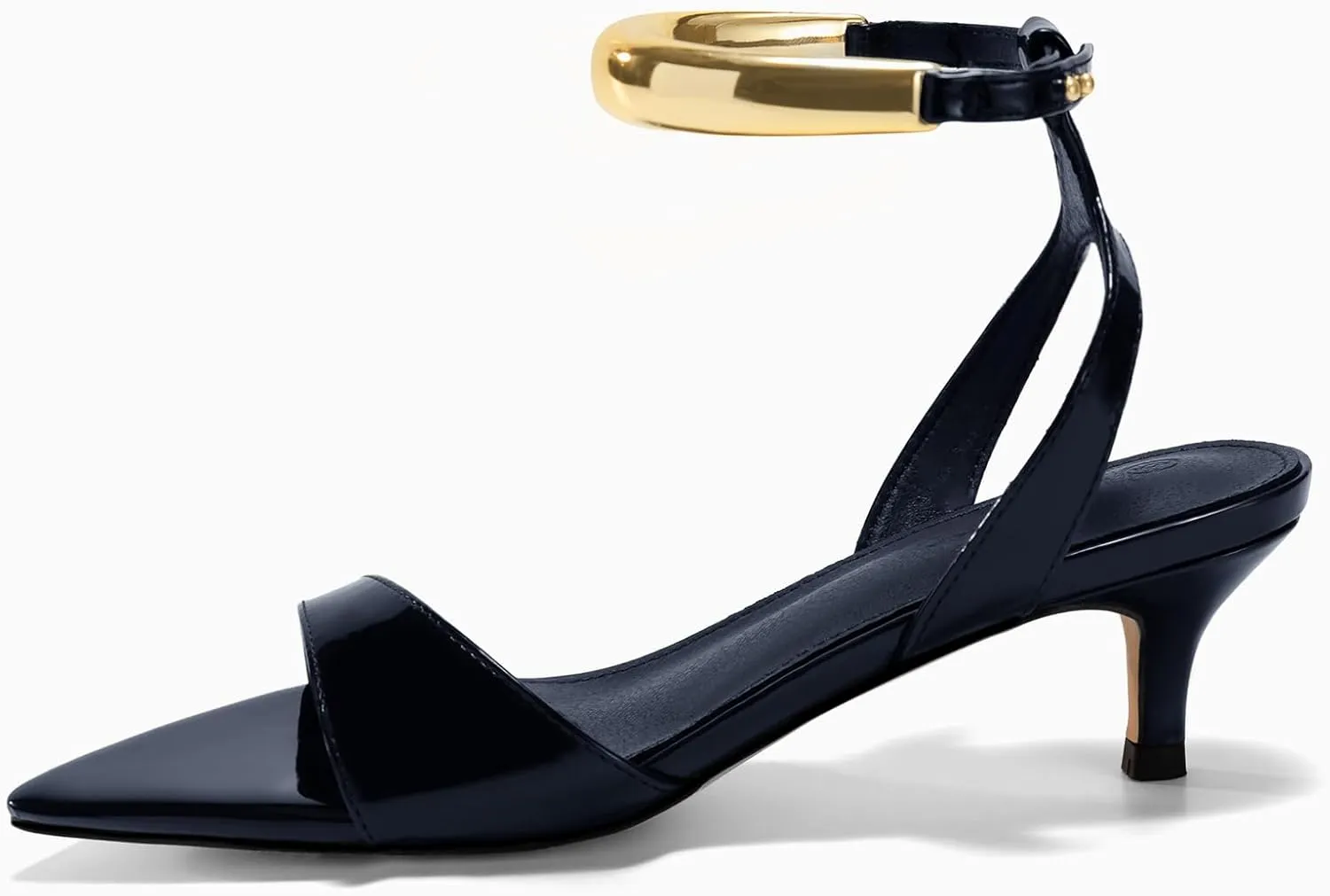 Coutgo Womens Low Kitten Heels Sandals Strappy Pointed Open Toe One Strap Metal Summer Dress Shoes