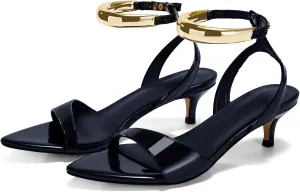 Coutgo Womens Low Kitten Heels Sandals Strappy Pointed Open Toe One Strap Metal Summer Dress Shoes
