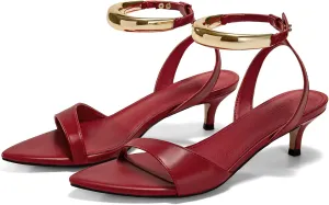 Coutgo Womens Low Kitten Heels Sandals Strappy Pointed Open Toe One Strap Metal Summer Dress Shoes