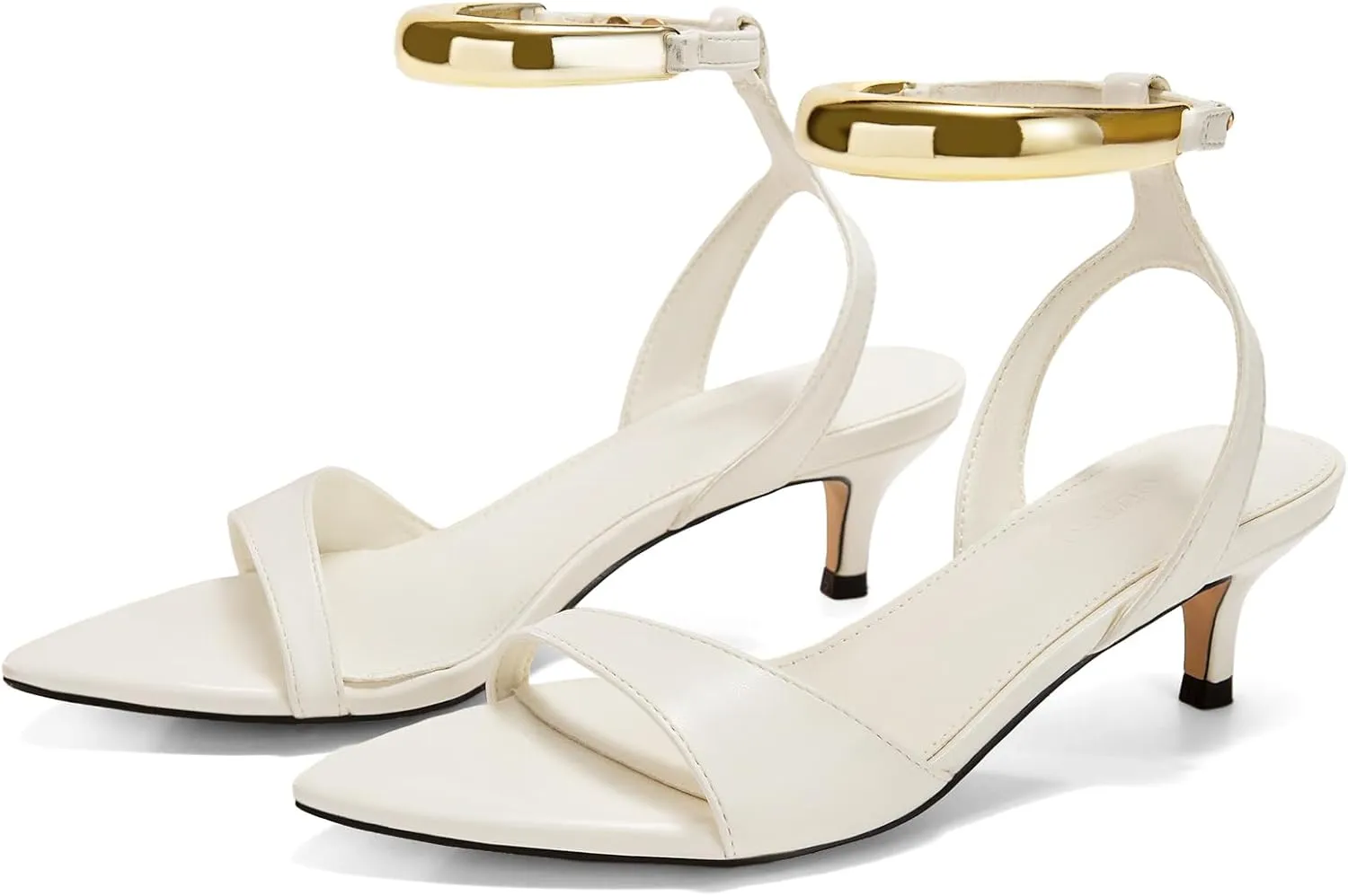 Coutgo Womens Low Kitten Heels Sandals Strappy Pointed Open Toe One Strap Metal Summer Dress Shoes