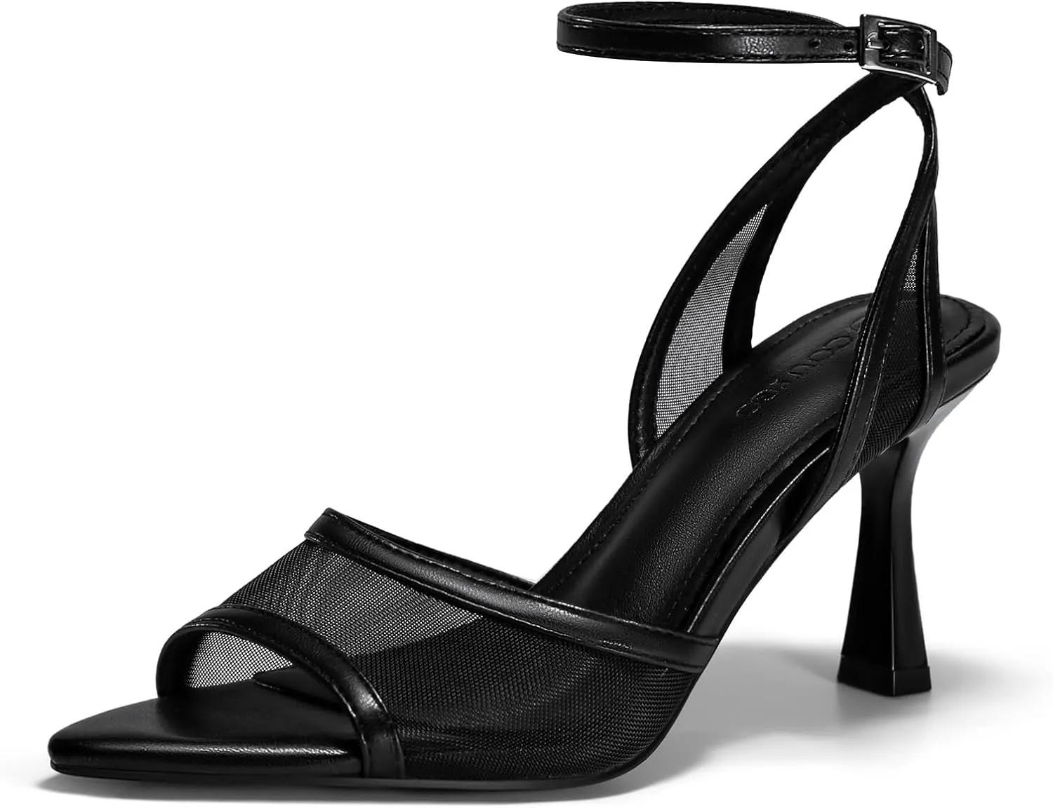 Coutgo Womens Mesh Kitten Heels Sandals Pointed Open Toe Ankle Buckle Strap Summer Dress Shoes