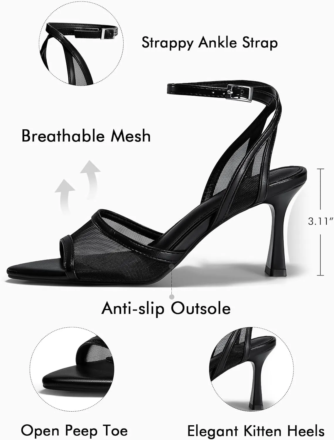 Coutgo Womens Mesh Kitten Heels Sandals Pointed Open Toe Ankle Buckle Strap Summer Dress Shoes