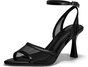 Coutgo Womens Mesh Kitten Heels Sandals Pointed Open Toe Ankle Buckle Strap Summer Dress Shoes