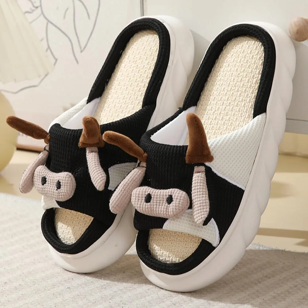Cow Slippers for Women Men, Cute Cartoon Animal Slippers, Fuzzy/Linen Kawaii House Slippers, Winter/Summer Cow Slides for Indoor and Outdoor