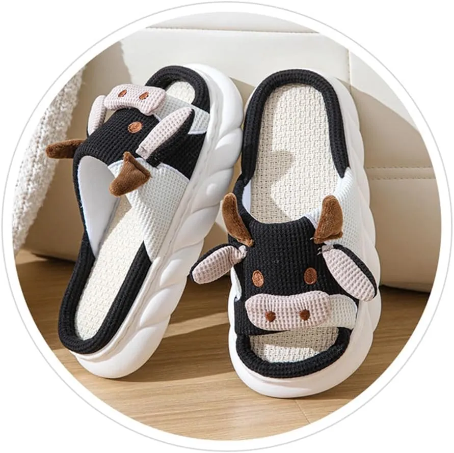 Cow Slippers for Women Men, Cute Cartoon Animal Slippers, Fuzzy/Linen Kawaii House Slippers, Winter/Summer Cow Slides for Indoor and Outdoor