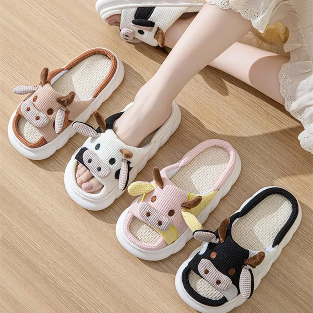 Cow Slippers for Women Men, Cute Cartoon Animal Slippers, Fuzzy/Linen Kawaii House Slippers, Winter/Summer Cow Slides for Indoor and Outdoor