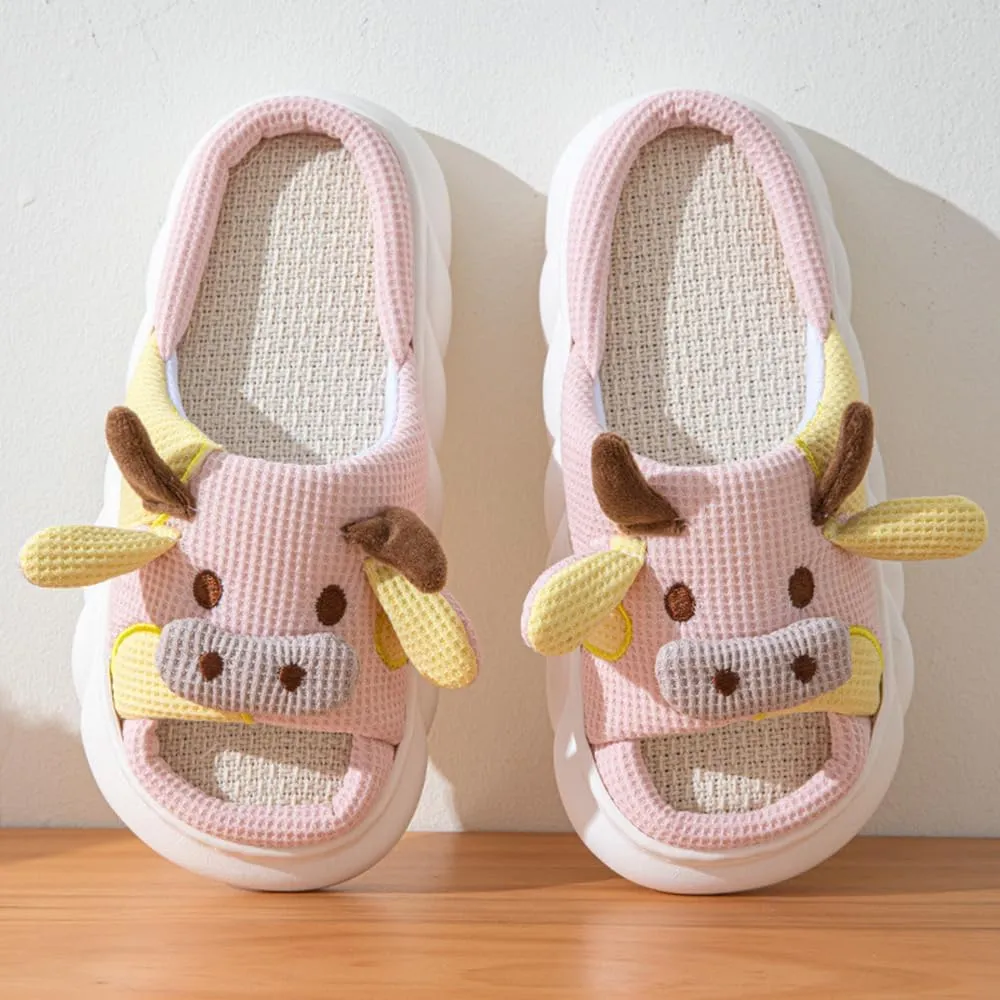 Cow Slippers for Women Men, Cute Cartoon Animal Slippers, Fuzzy/Linen Kawaii House Slippers, Winter/Summer Cow Slides for Indoor and Outdoor