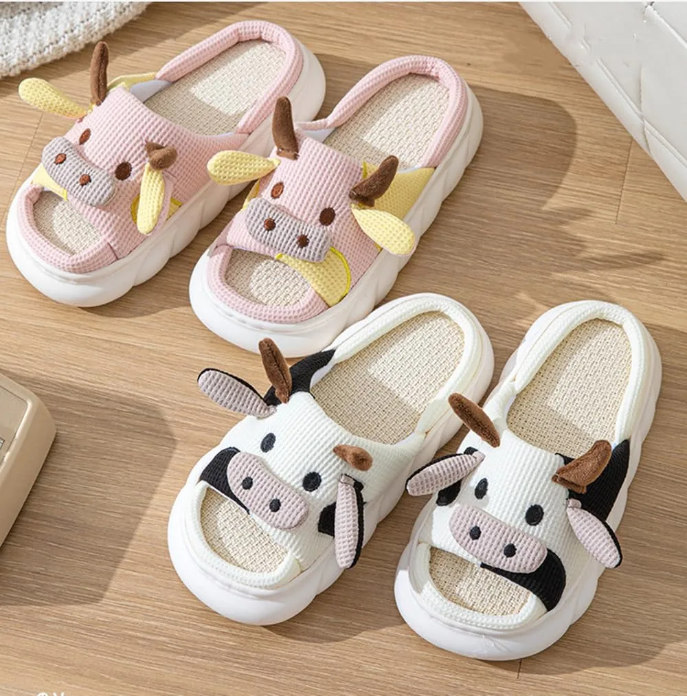 Cow Slippers for Women Men, Cute Cartoon Animal Slippers, Fuzzy/Linen Kawaii House Slippers, Winter/Summer Cow Slides for Indoor and Outdoor