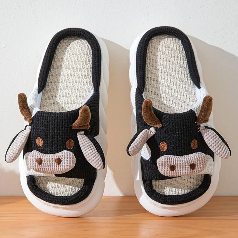 Cow Slippers for Women Men, Cute Cartoon Animal Slippers, Fuzzy/Linen Kawaii House Slippers, Winter/Summer Cow Slides for Indoor and Outdoor