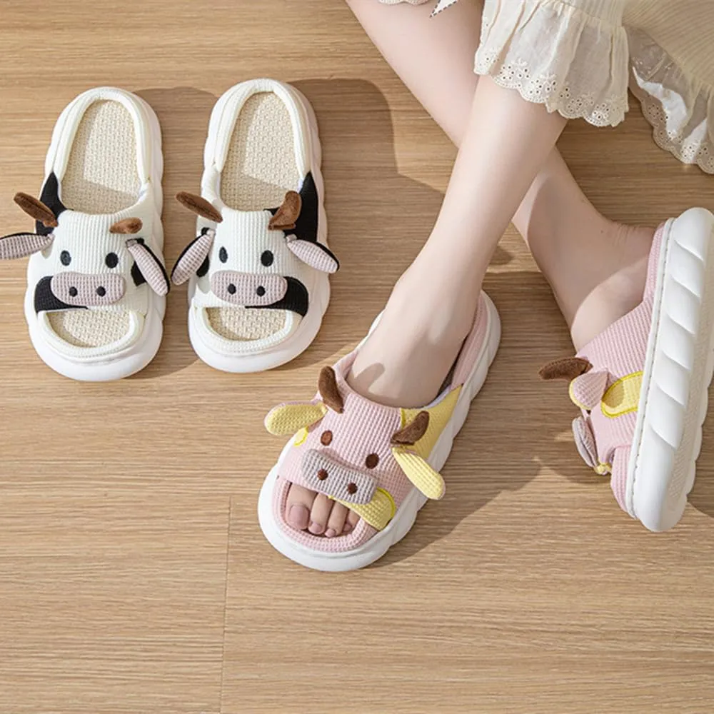 Cow Slippers for Women Men, Cute Cartoon Animal Slippers, Fuzzy/Linen Kawaii House Slippers, Winter/Summer Cow Slides for Indoor and Outdoor