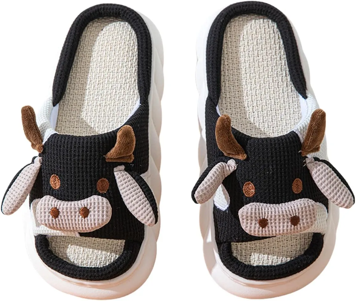 Cow Slippers for Women Men, Cute Cartoon Animal Slippers, Fuzzy/Linen Kawaii House Slippers, Winter/Summer Cow Slides for Indoor and Outdoor