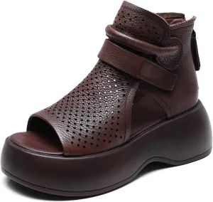 Crepuscute Women's Leather Platform Wedge Sandals Adjustable Open Toe Back Zipper Hook Loop Causal Roman Sandals High Top Round Toe Breathable Walking Dress Shoes