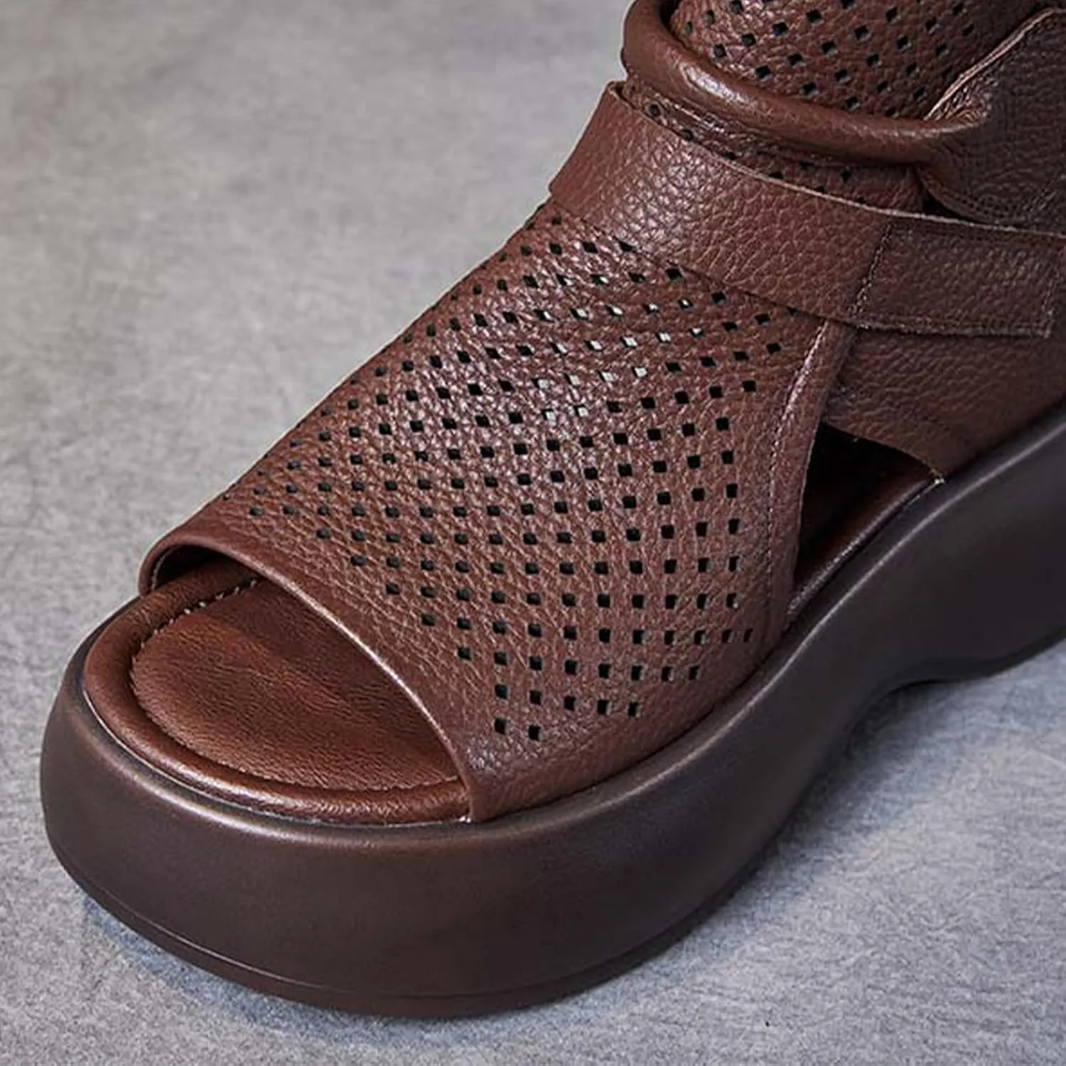 Crepuscute Women's Leather Platform Wedge Sandals Adjustable Open Toe Back Zipper Hook Loop Causal Roman Sandals High Top Round Toe Breathable Walking Dress Shoes