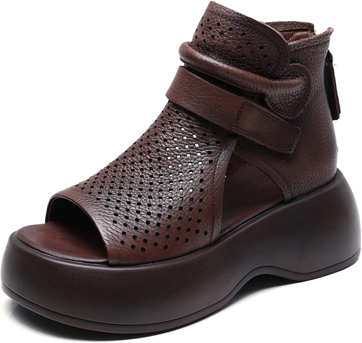 Crepuscute Women's Leather Platform Wedge Sandals Adjustable Open Toe Back Zipper Hook Loop Causal Roman Sandals High Top Round Toe Breathable Walking Dress Shoes