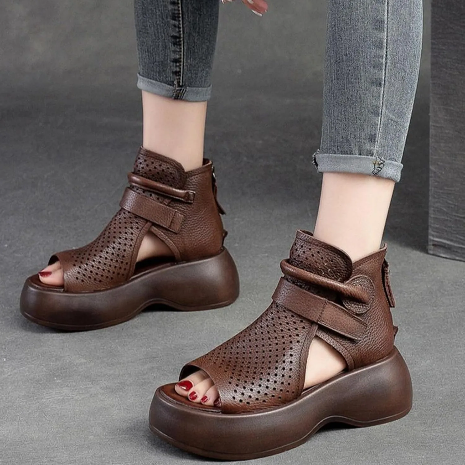 Crepuscute Women's Leather Platform Wedge Sandals Adjustable Open Toe Back Zipper Hook Loop Causal Roman Sandals High Top Round Toe Breathable Walking Dress Shoes
