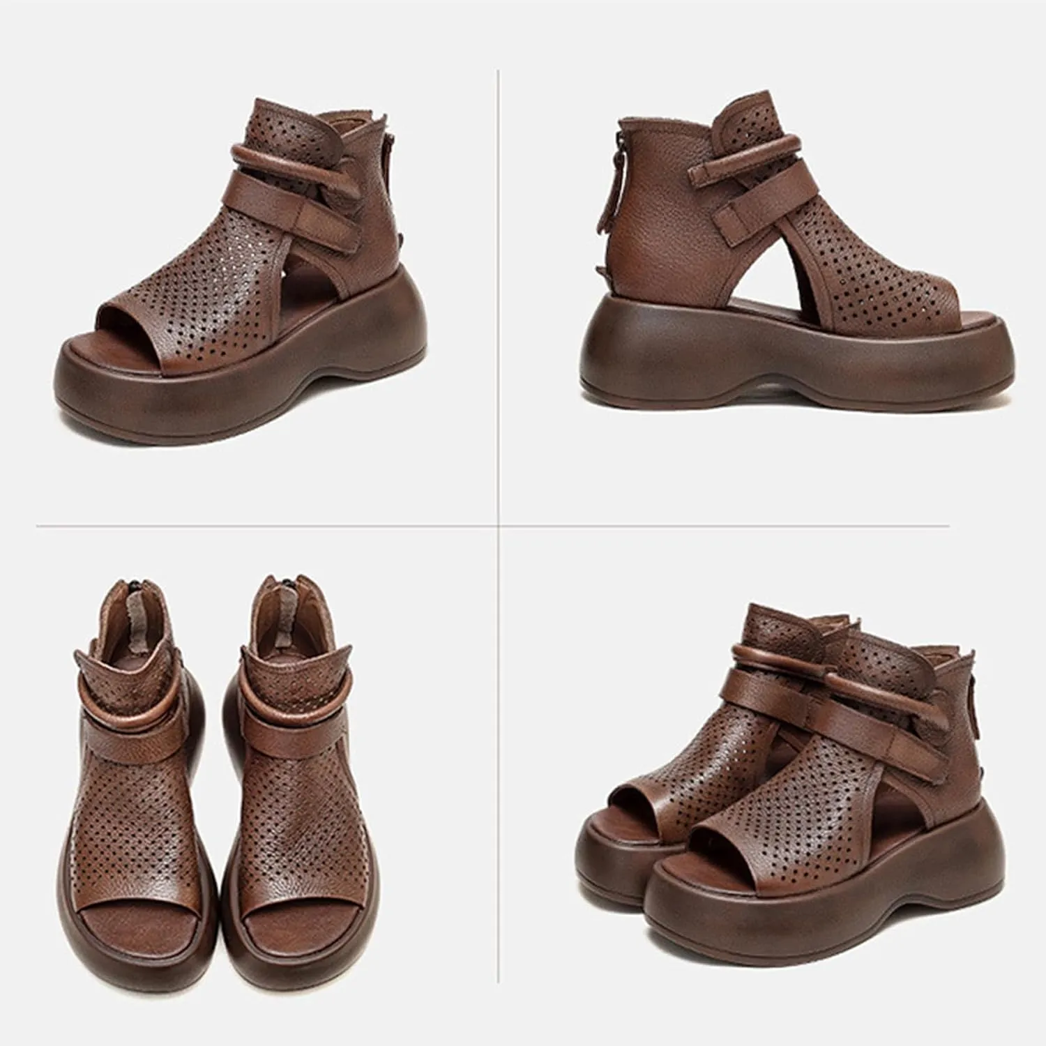 Crepuscute Women's Leather Platform Wedge Sandals Adjustable Open Toe Back Zipper Hook Loop Causal Roman Sandals High Top Round Toe Breathable Walking Dress Shoes