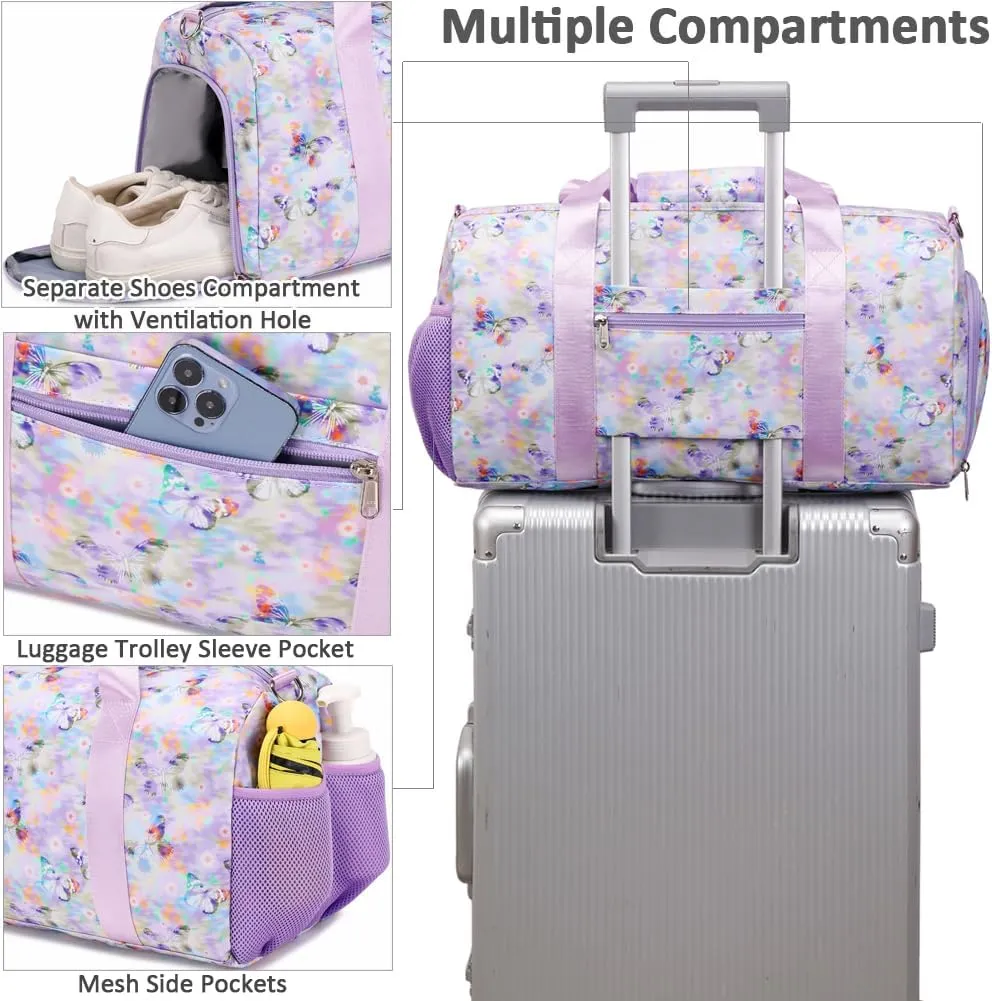 Dance Bag for Girls Butterfly Sports Duffle Bag for Girls Overnight Travel Duffel for Teen Girls Ballet Bag with Shoes Compartment Water Resistant