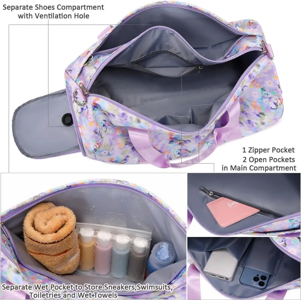 Dance Bag for Girls Butterfly Sports Duffle Bag for Girls Overnight Travel Duffel for Teen Girls Ballet Bag with Shoes Compartment Water Resistant
