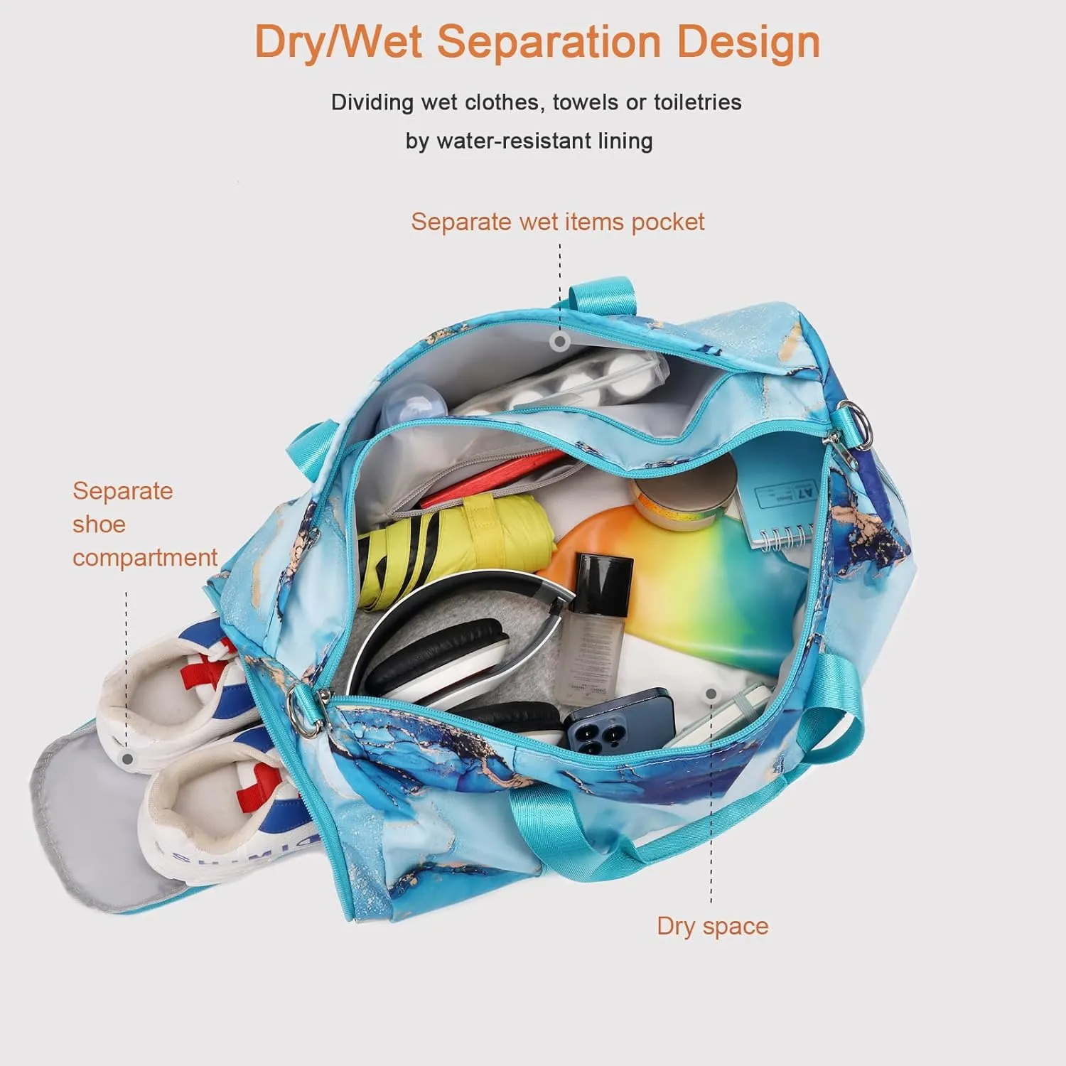 Dance Bag Teens Women Gymnastics Bag Overnight Duffle Bag with Shoe Compartment, Small Travel Weekender Sleepover Carry On Bag (Gilded Cyan)