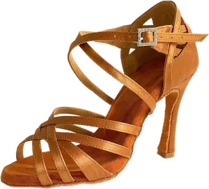 Dancing Shoes for Woman Brown Satin Soft Leather Latin Ballroom Dance Shoes Soft Indoor 10cm High Dance Heels