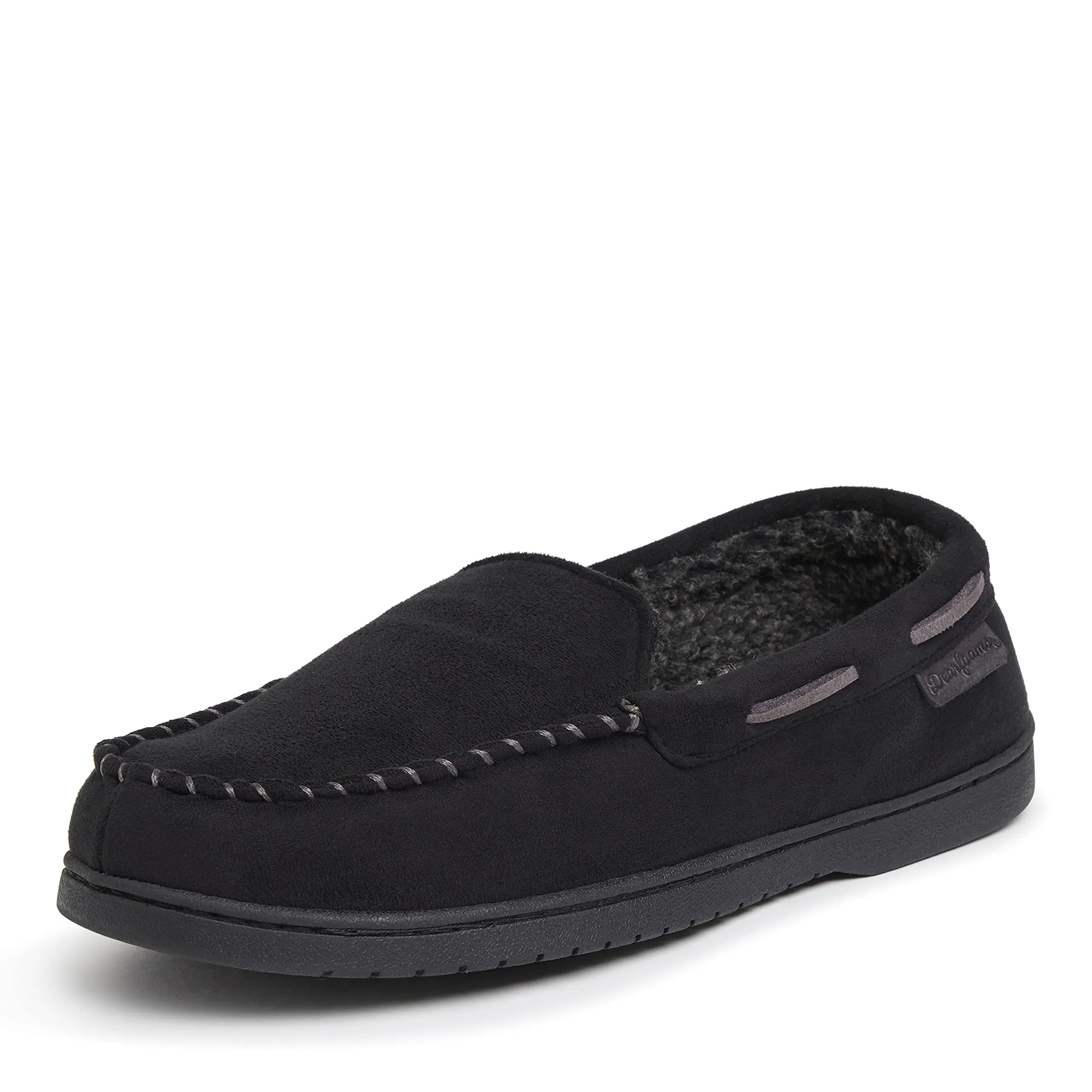 Dearfoams Men's Breathable Memory Foam Indoor Outdoor Keaton Moccasin Slipper with Wide Widths.