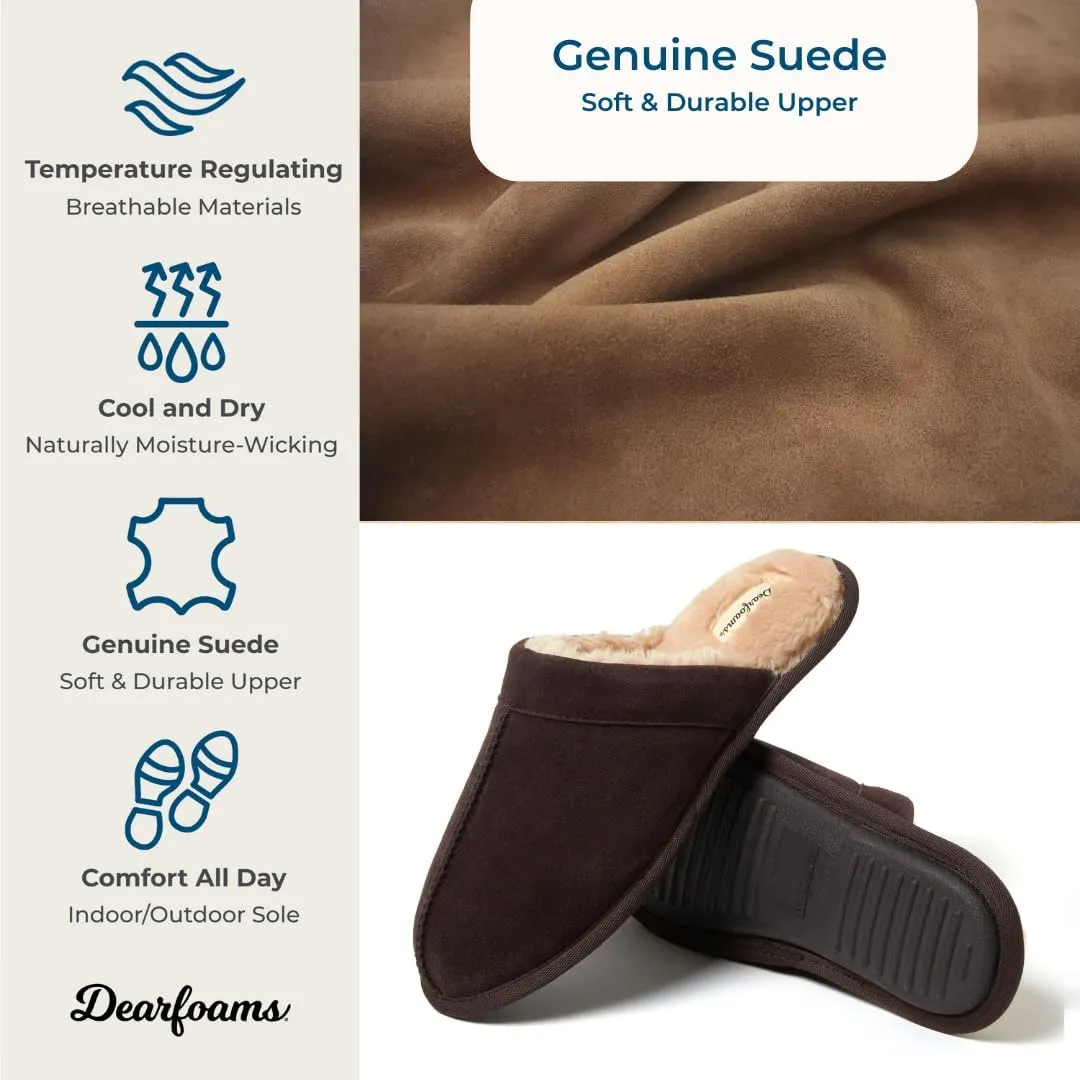 Dearfoams Men's Genuine Suede Indoor Outdoor Comfort Memory Foam Bradford Scuff House Slipper