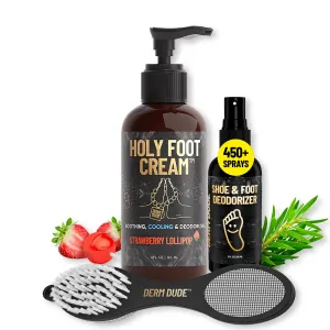 Derm Dude Holy Foot Set | Foot Cream for Dry Cracked Heels, Foot & Shoe Deodorizer Spray & 4-in-1 Foot Scrubber Repair Tool | W/All-Natural DeoPlex for Odor Control | Freshen Feet & Shoes -Strawberry