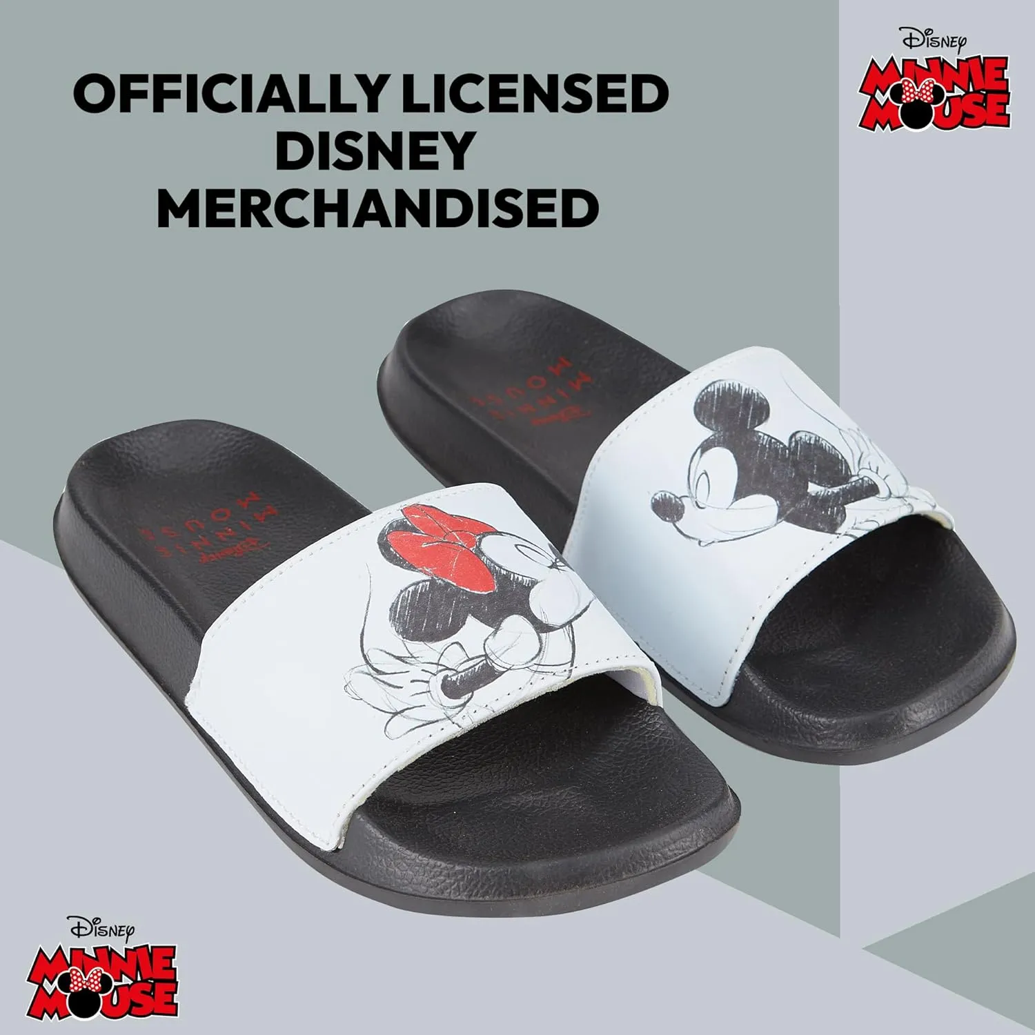 Disney Ladies Minnie and Mickey Slides - Ladies Classic Mickey and Minnie Mouse Slide Sandals Mickey & Minnie Mouse Slip On Slides