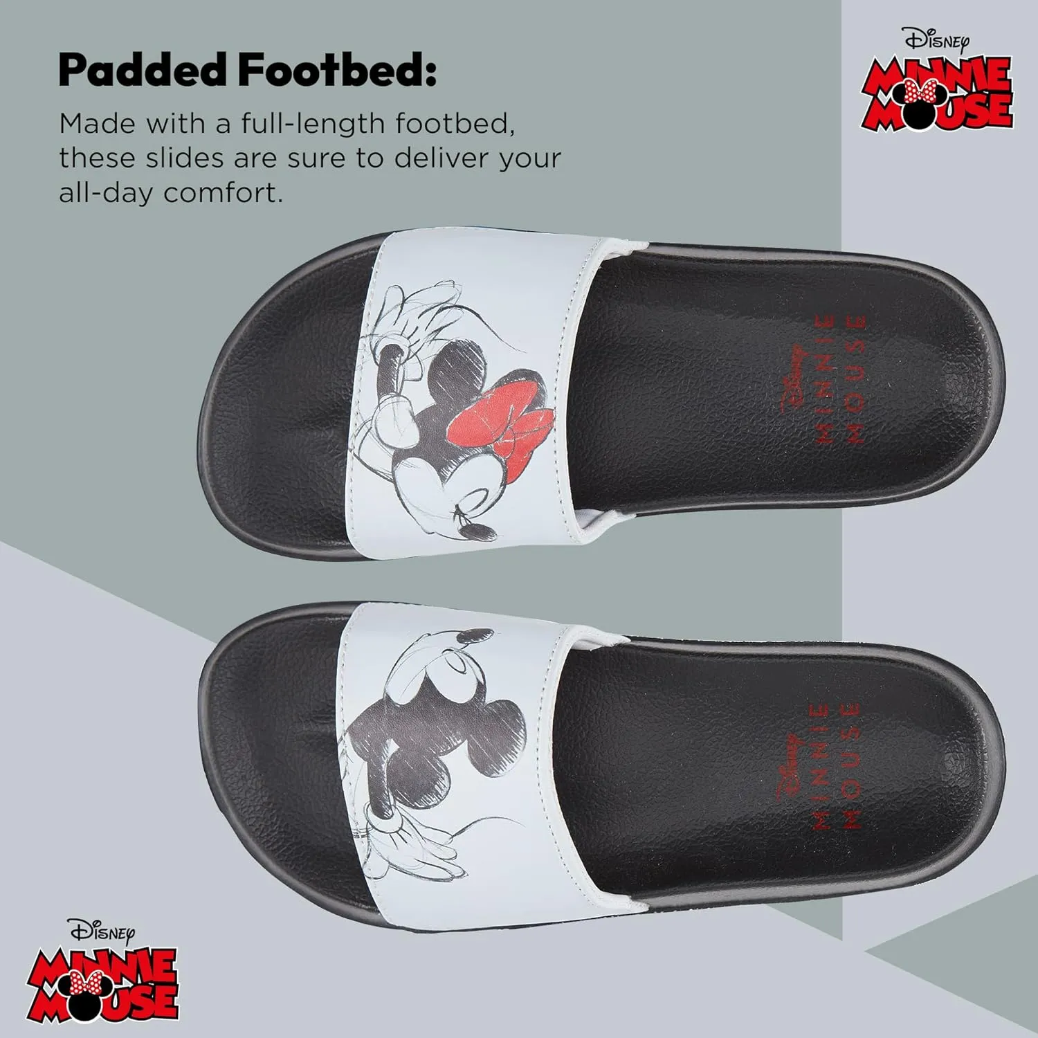 Disney Ladies Minnie and Mickey Slides - Ladies Classic Mickey and Minnie Mouse Slide Sandals Mickey & Minnie Mouse Slip On Slides