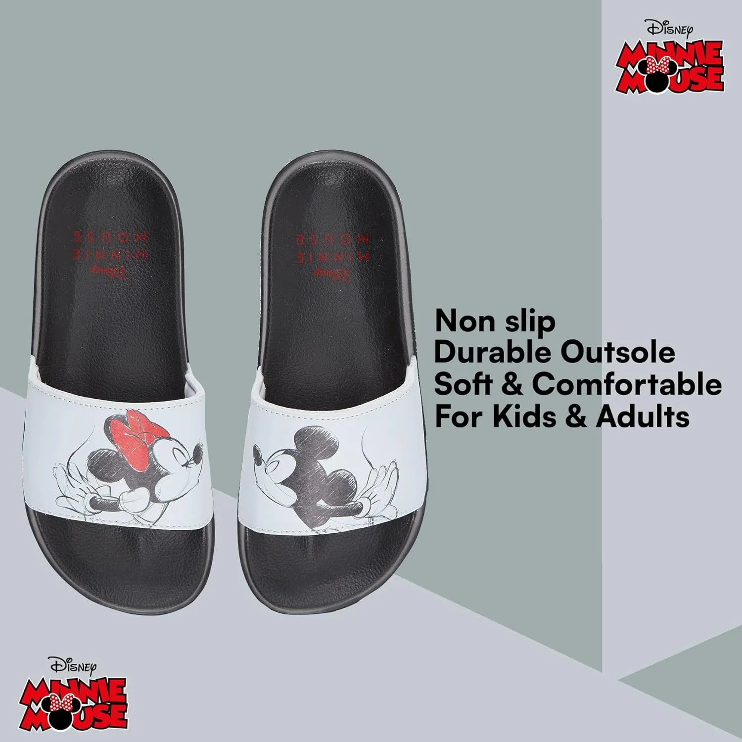 Disney Ladies Minnie and Mickey Slides - Ladies Classic Mickey and Minnie Mouse Slide Sandals Mickey & Minnie Mouse Slip On Slides