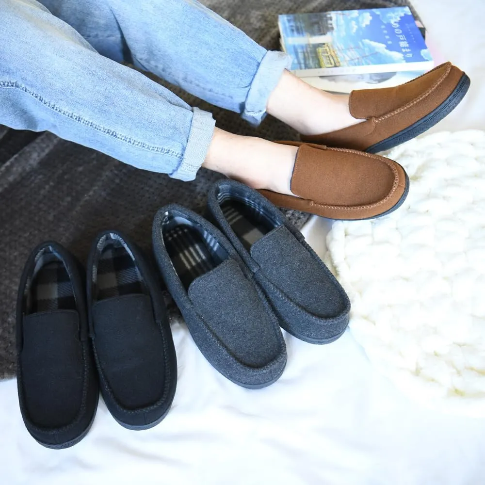 DL Men's Memory Foam Moccasin Slippers Breathable Moccasin Slippers Micro Wool House Shoes Anti-Slip Sole Indoor Outdoor