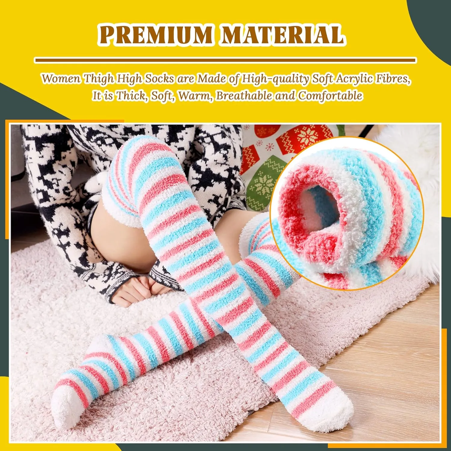 DoSmart Womens Over Knee High Fuzzy Socks Soft Warm Thigh High Striped Stockings Cozy Slipper Fleece Winter Long Socks