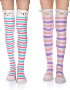DoSmart Womens Over Knee High Fuzzy Socks Soft Warm Thigh High Striped Stockings Cozy Slipper Fleece Winter Long Socks