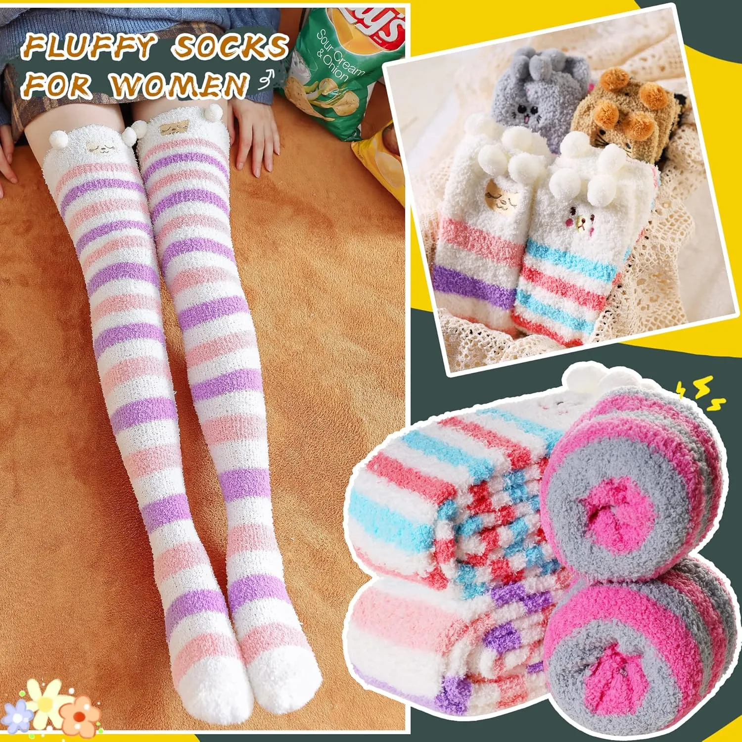 DoSmart Womens Over Knee High Fuzzy Socks Soft Warm Thigh High Striped Stockings Cozy Slipper Fleece Winter Long Socks