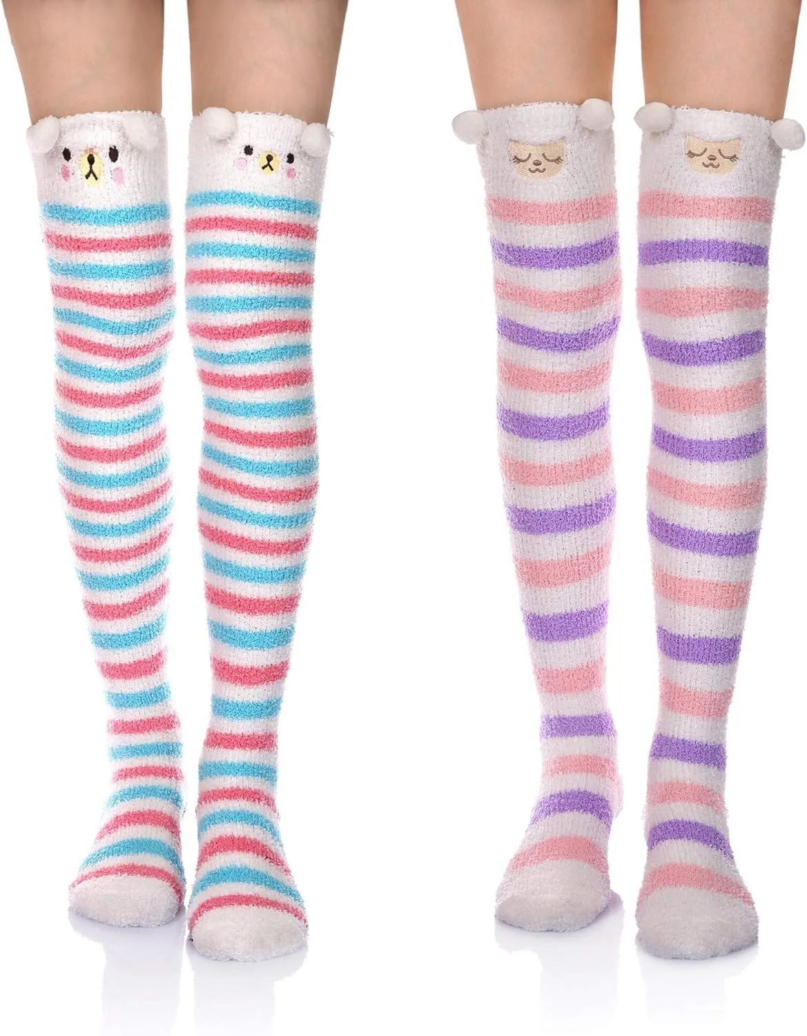 DoSmart Womens Over Knee High Fuzzy Socks Soft Warm Thigh High Striped Stockings Cozy Slipper Fleece Winter Long Socks
