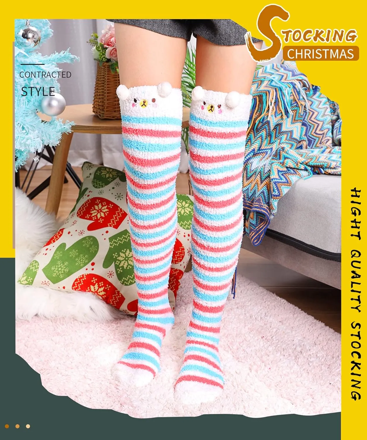 DoSmart Womens Over Knee High Fuzzy Socks Soft Warm Thigh High Striped Stockings Cozy Slipper Fleece Winter Long Socks