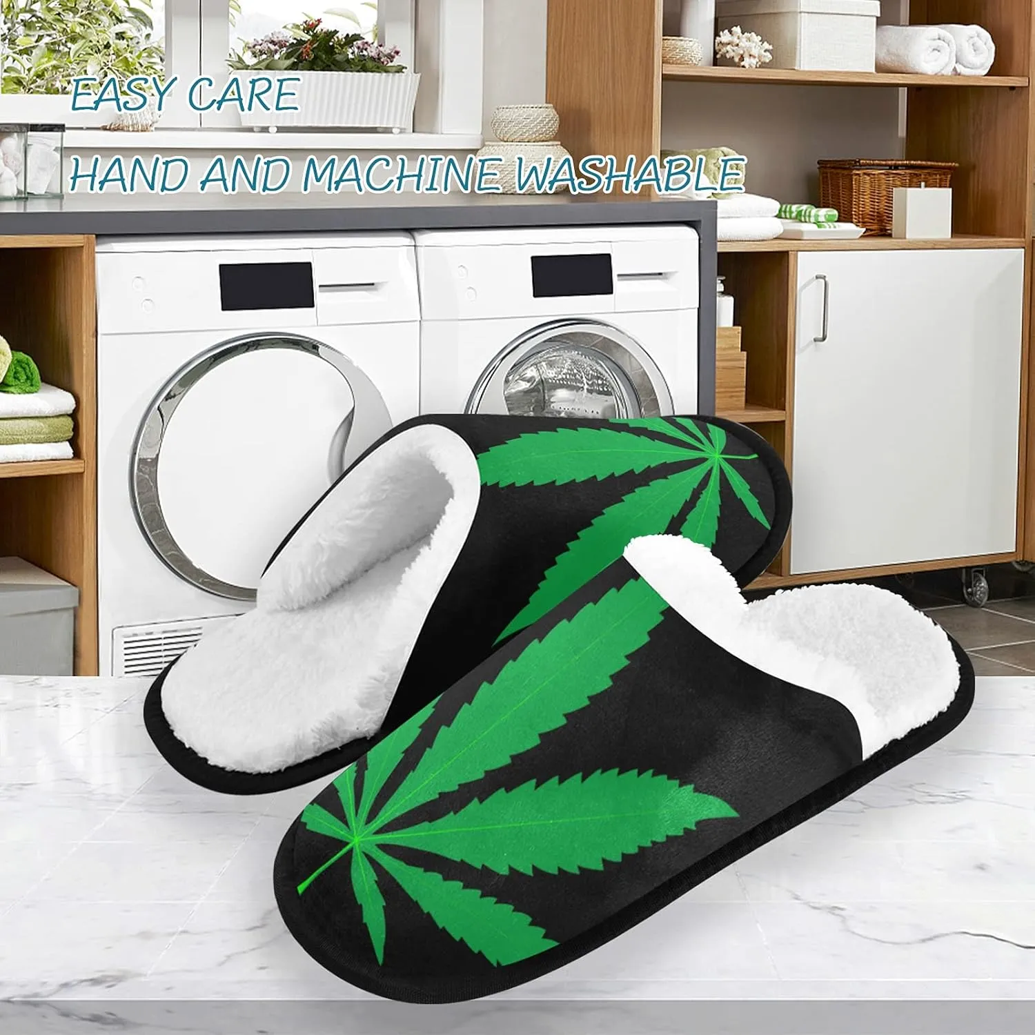 Dussdil Marijuana Leaf House Slippers Gren Leaves Home Spa Slippers Memory Foam Closed Toe Slipper Non Slip for Hotel Bedroom Travel Shoes Women Men M