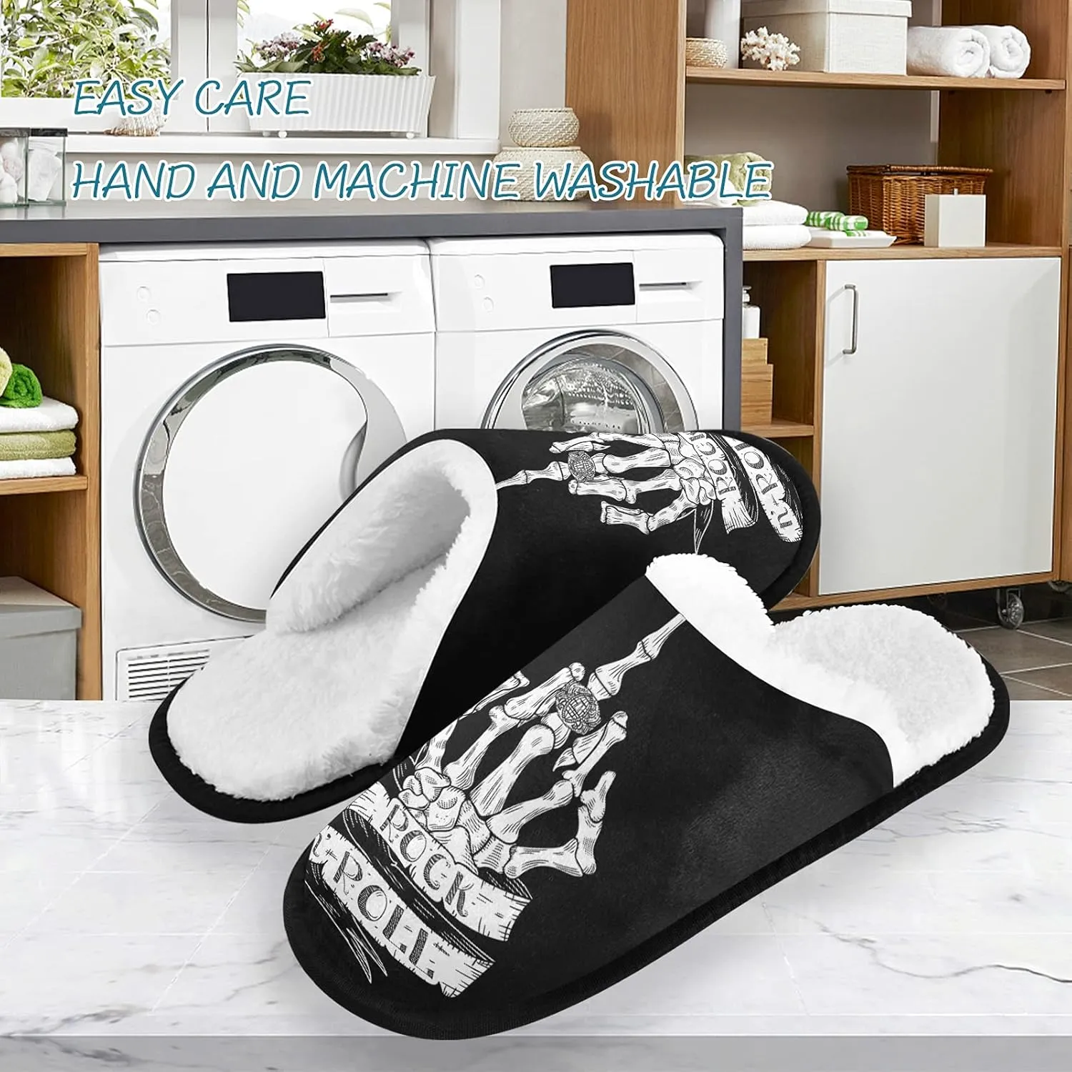 Dussdil Skull Rock Roll Ring House Slippers Halloween Skeleton Hand Home Spa Slippers Memory Foam Closed Toe Slipper Non Slip for Hotel Bedroom Travel Shoes Women Men M