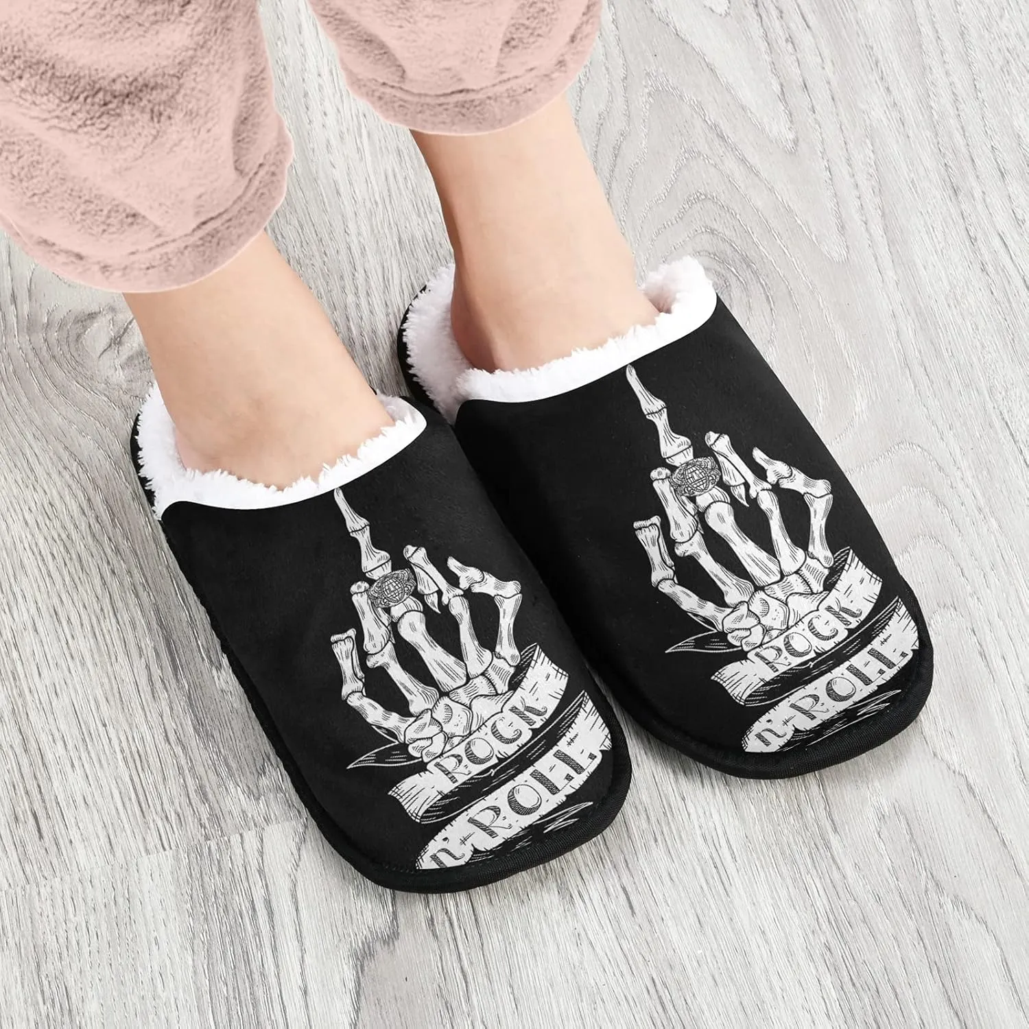 Dussdil Skull Rock Roll Ring House Slippers Halloween Skeleton Hand Home Spa Slippers Memory Foam Closed Toe Slipper Non Slip for Hotel Bedroom Travel Shoes Women Men M