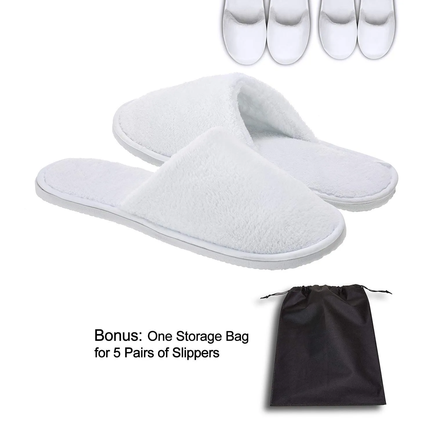 echoapple 5 Pairs of Deluxe Closed Toe White Slippers for Spa, Party Guest, Hotel and Travel (Medium, White-5 Pairs)