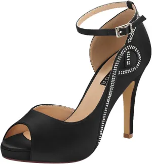 ERIJUNOR Women Peep Toe Side Open Rhinestones Comfortable Platform Satin Bridal Wedding Party Shoes