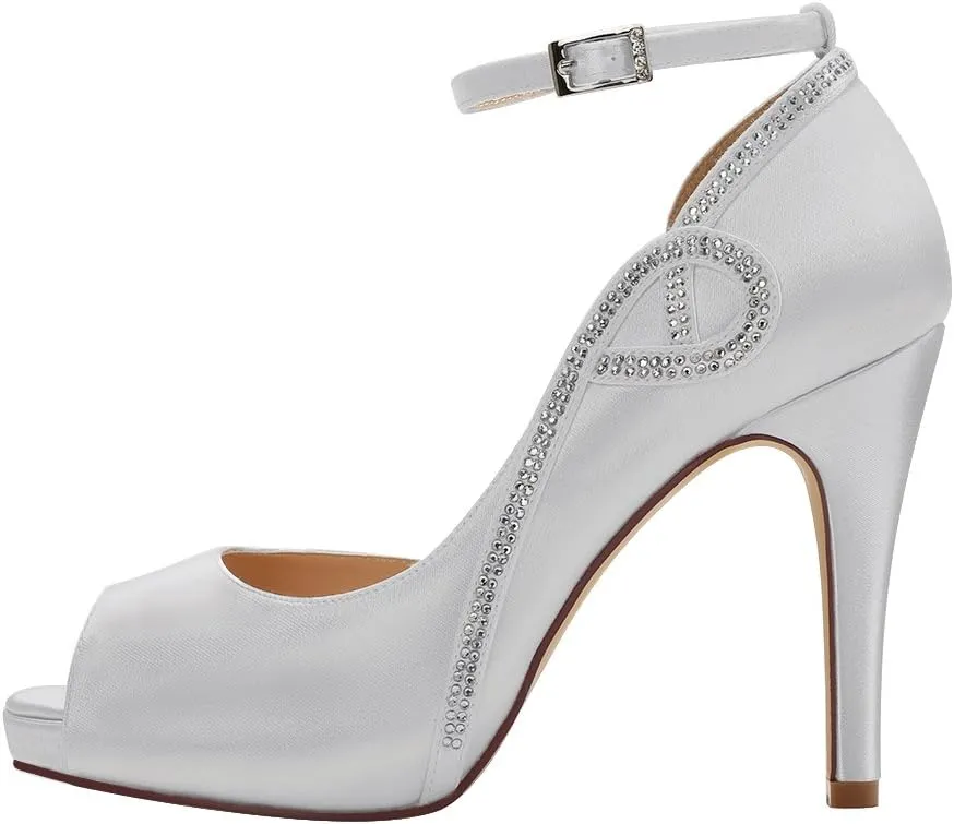 ERIJUNOR Women Peep Toe Side Open Rhinestones Comfortable Platform Satin Bridal Wedding Party Shoes