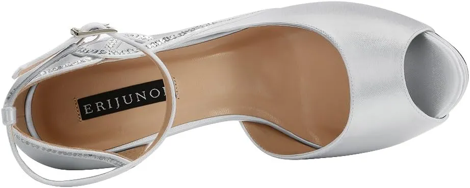 ERIJUNOR Women Peep Toe Side Open Rhinestones Comfortable Platform Satin Bridal Wedding Party Shoes